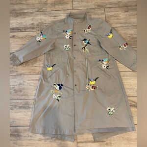Embroidered Khaki Coat with Bird and Flowers | Parka Jacket